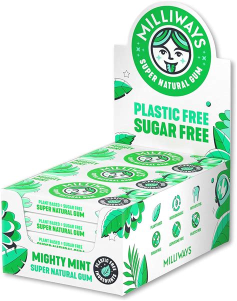 Milliways Mighty Mint Chewing Gum, Plastic Free, Sugar Free, Aspartame Free, Natural | 12 Packs ...