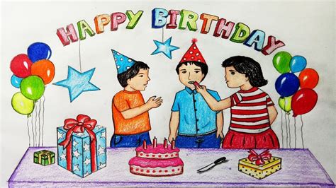 How to draw scenery of birthday party.Step by step(easy draw) - YouTube