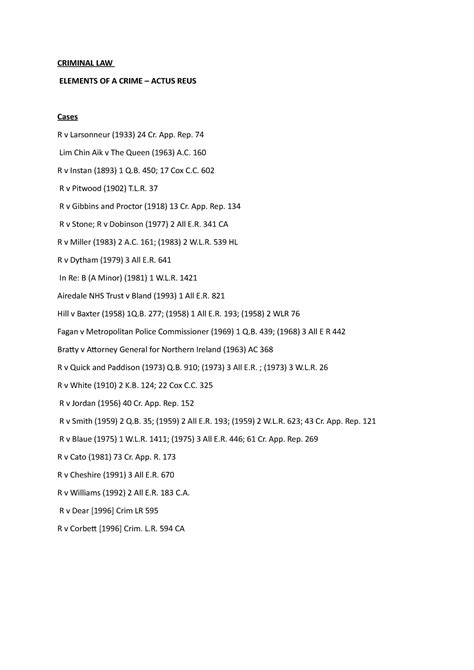 Criminal Law- Actus Reus Cases - CRIMINAL LAW ELEMENTS OF A CRIME – ACTUS REUS Case s R v ...