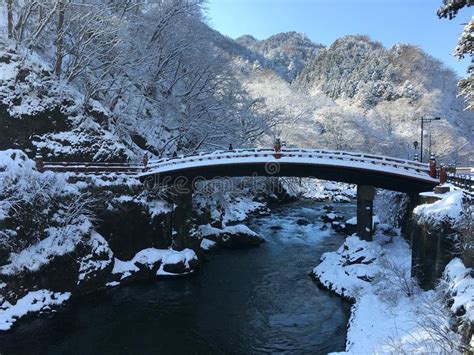 Shinkyo Red Bridge Under White Snow in Nikko Japan Stock Image - Image ...