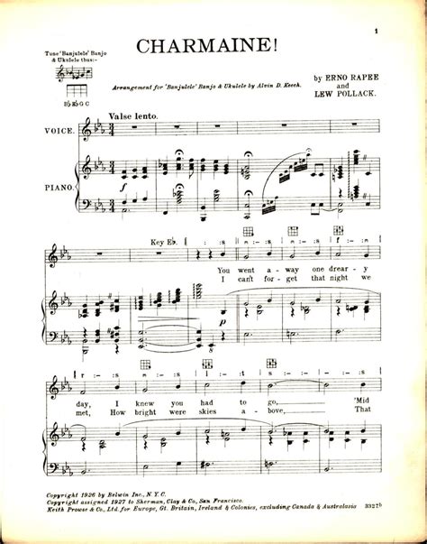 Charmaine! / Waltz Song (SHEET MUSIC) by Erno Rapee and Lew Pollack / Arrangement for 'Banjolele ...