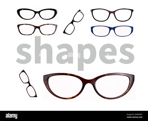 Pairs of glasses frames of different shapes and colours isolated on a plain white background ...