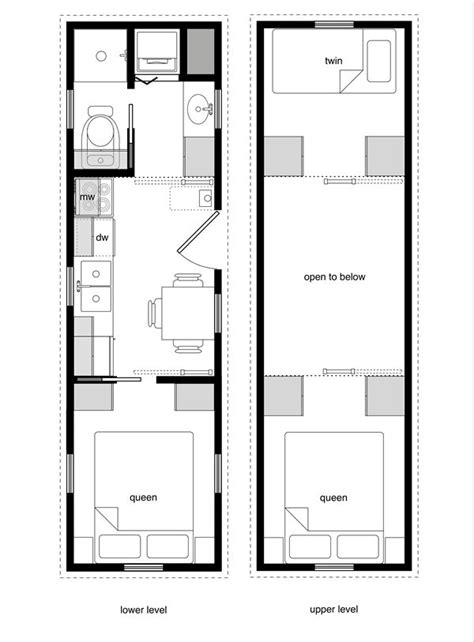 A three-full-bed Tiny House Design floor plan with a twin and queen ...