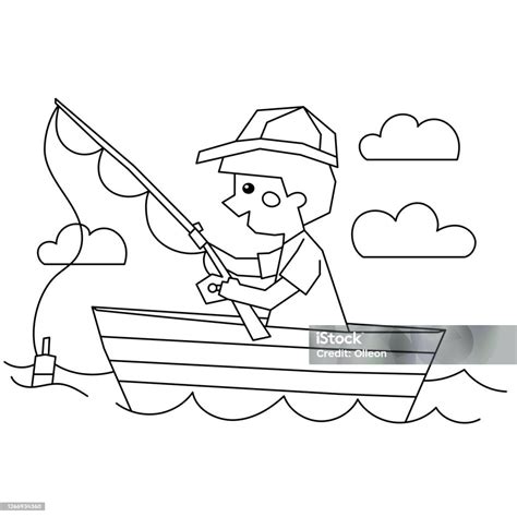 Coloring Page Outline Of A Boy Fisherman With A Fishing Rod In Boat Coloring Book For Kids Stock ...