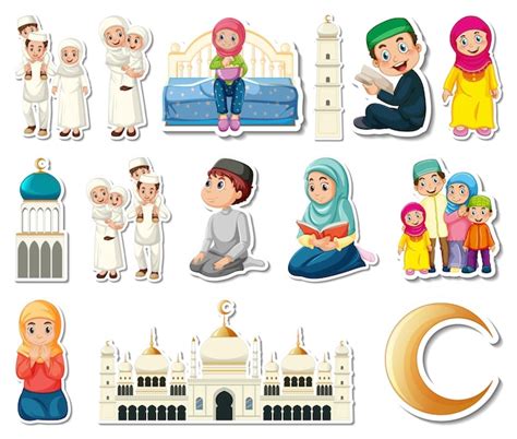 Free Vector | Sticker set of Islamic religious symbols and cartoon ...