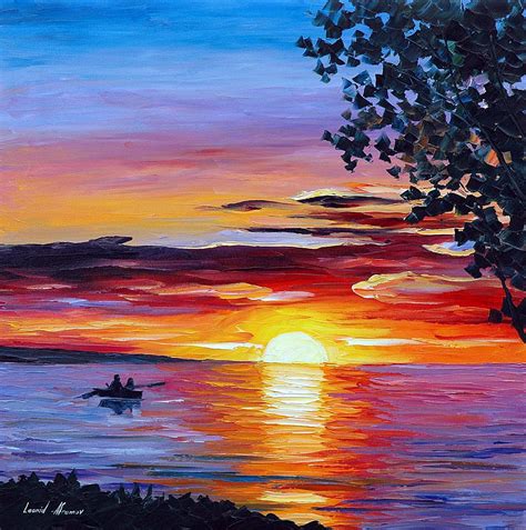 ROMANTIC SUNSET — PALETTE KNIFE Oil Painting On Canvas By Leonid Afremov - Size 24"x24"