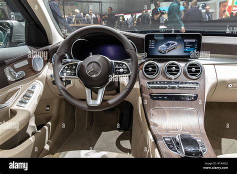 GENEVA, SWITZERLAND - MARCH 7, 2018: Interior view of the New Mercedes-Benz C-class C200 car ...