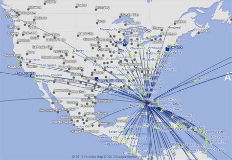 American Airlines route map - North America from Miami