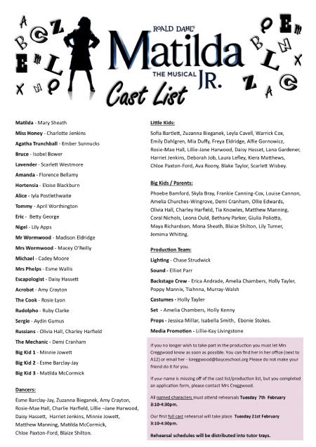 The Bay CE School - Matilda JR cast list announced