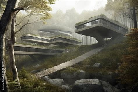 Futuristic hotel, forest, tall trees, moss grass fields, architecture ...