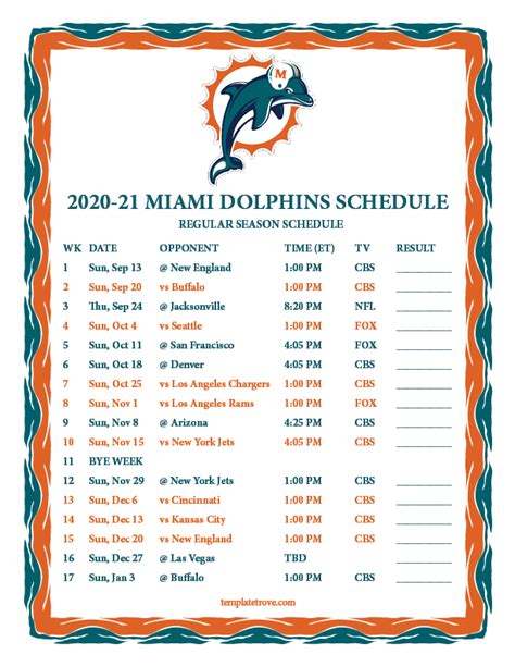 Printable 2020-2021 Miami Dolphins Schedule