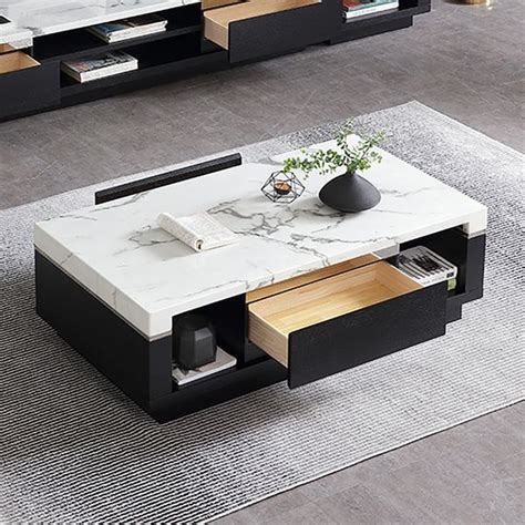 Modern Marble Coffee Table Black & White with Storage & Drawers in Wood | Luxury coffee table ...