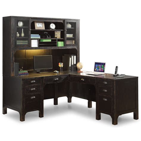 Flexsteel Wynwood Collection Homestead Rustic L-Shaped Desk and Hutch with Built-In Lighting ...