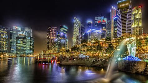 bay, downtown, 4K, waterfront, merlion park, night time, no people ...