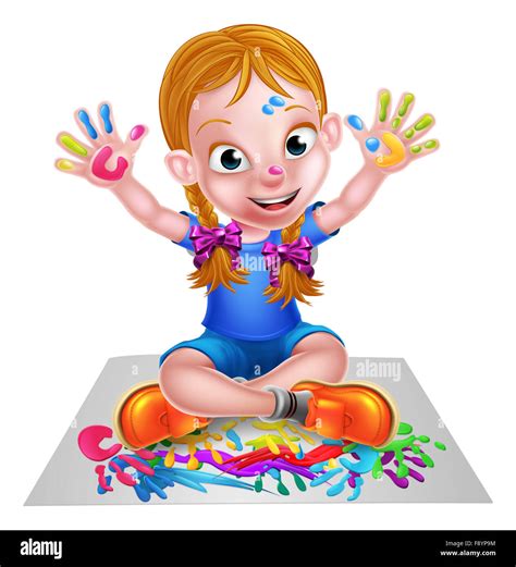 A happy cartoon little girl enjoying being creative having messy play with paint Stock Photo - Alamy