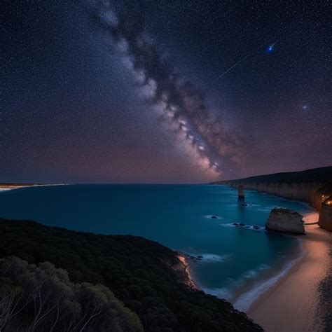 Premium Photo | A night sky with stars and a beach with a star - shaped ...