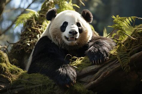 Premium AI Image | Panda bear relaxes between Bambus in its natural ...