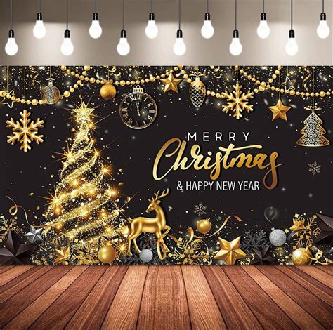 Merry Christmas Party Backdrop Christmas Black Gold Banner Background Xmas Tree New Years Eve ...