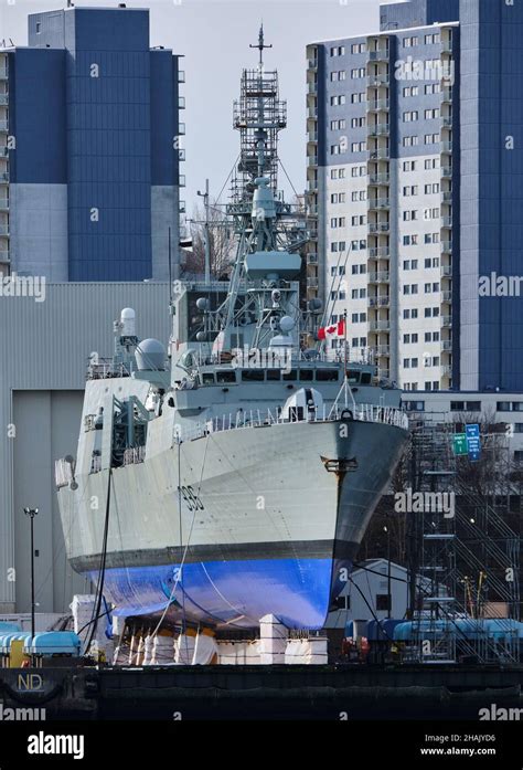 HMCS Montreal a Halifax-class frigate on synchrolift dry dock for maintenance in Halifax Harbour ...