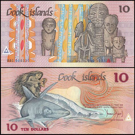 Cook Islands 10 Dollars Banknote, 1987.The banknote is colored in pink, orange, yellow and gray ...