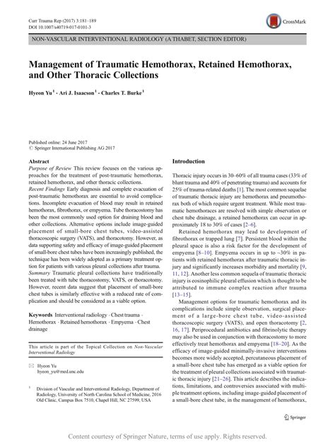 Management of Traumatic Hemothorax, Retained Hemothorax, and Other ...