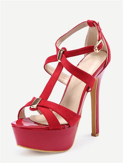 Faux Red Suede Strappy Platform High Heel Sandals -SheIn(Sheinside)