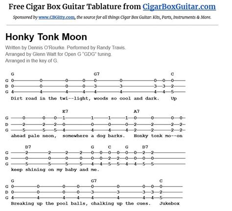 Honky Tonk Moon By Randy Travis 3-String Cigar Box Guitar Tablature