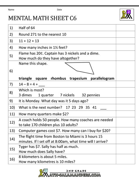 Mental Math Worksheet 2nd Grade