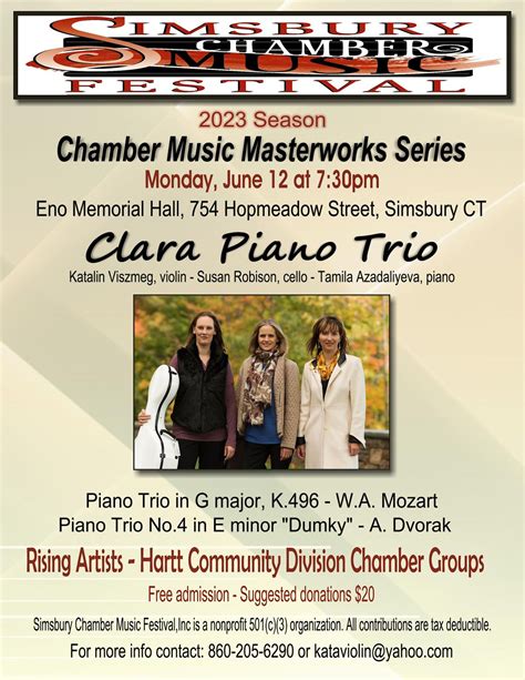 Simsbury Chamber Music Festival 2023 Season, Eno Memorial Hall - Simsbury Senior Center, 12 June ...