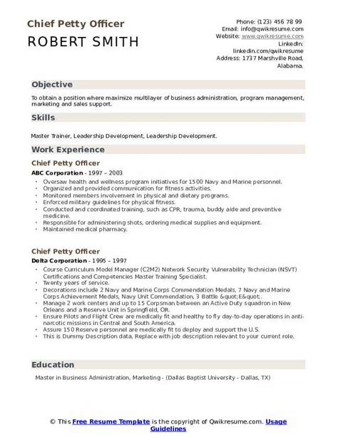 Chief Petty Officer Resume Samples | QwikResume