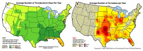 Maps showing the average number of thunderstorms days per year on the left and average number of ...