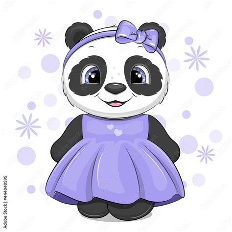 Cute cartoon panda girl wearing purple dress and hair bow. Vector illustration of an animal on a ...