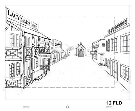 Two Point Perspective Drawing Of Old Western Town Sketch Coloring Page