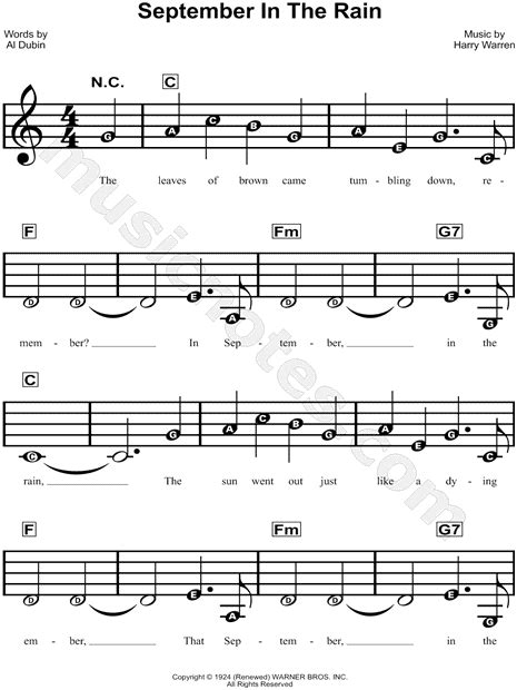 Harry Warren "September in the Rain" Sheet Music for Beginners in C Major - Download & Print ...