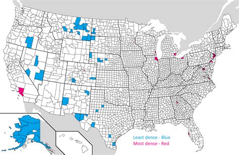 The 50 most and least densely populated counties in the USA [1513x983] : MapPorn