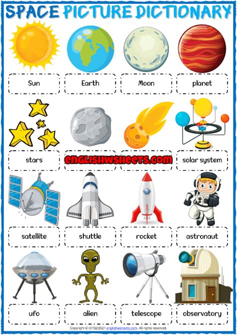 Space Vocabulary ESL Printable Picture Dictionary Worksheet | Space vocabulary, Space lessons ...