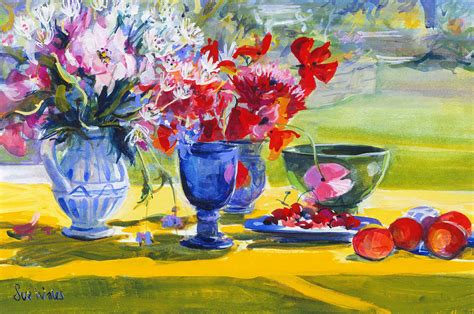 Midsummer flowers on garden table Painting by Sue Wales