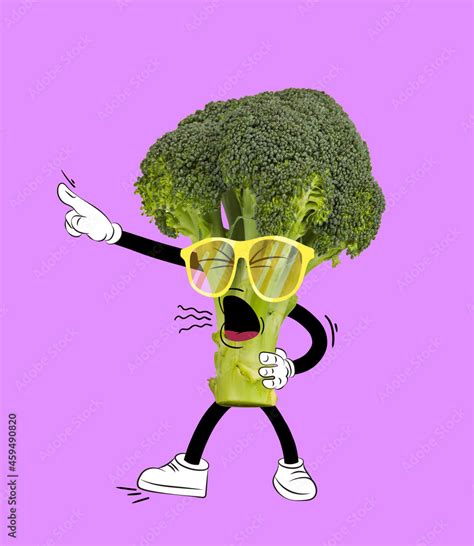 Contemporary art collage. Funny shouting broccoli isolated over purple ...