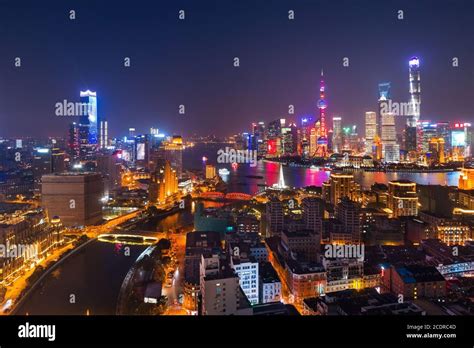 Shanghai Pudong aerial night view from above with city skyline and ...