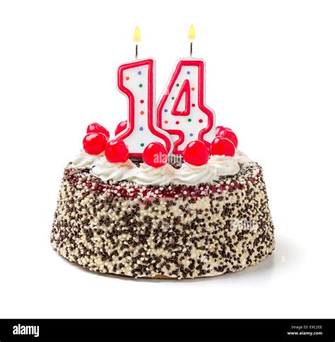 Birthday cake with burning candle number 14 Stock Photo - Alamy