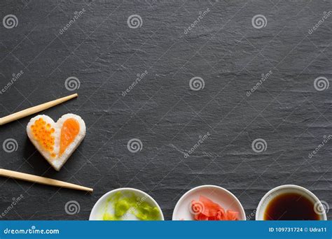 Sushi Abstract Seafood Heart Concept On Black Marble Menu Background ...