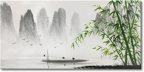 Traditional Chinese Painting Black and White Landscape Canvas Wall Art Bamboo Artwork: Amazon.ca ...