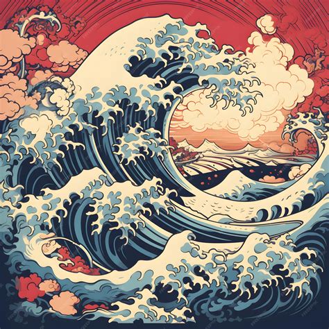 Premium AI Image | a fusion of Hokusai's iconic wave the atmospheric clouds