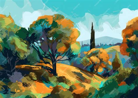 Premium AI Image | A painting of a landscape with trees and a church in the background.