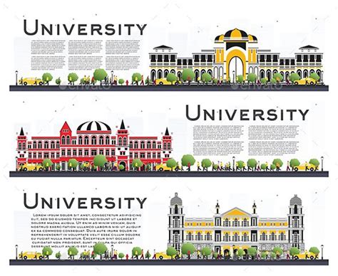 Set of University Campus Study Banners Learning People, City Skyline Silhouette, Black And White ...