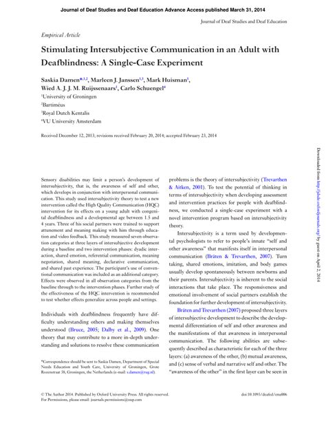 (PDF) Stimulating Intersubjective Communication in an Adult with Deafblindness: A Single-Case ...