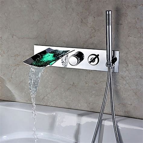 Luxury Clari Modern Wall Mounted LED Waterfall Tub Filler Faucet with Hand Shower Polished ...