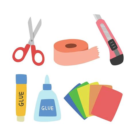 Student craft supplies clipart vector set. Scissors, tape, craft knife, glue, craft paper flat ...