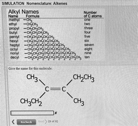 SIMULATION Nomenclature: Alkenes Alkyl Names Name Formula methyl ethyl ...