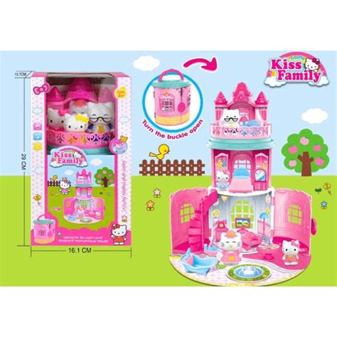 Pink Playhouse Kitty Cat/Hello Kitty 3 Layer Doll House Castle with 4 Dolls Pretend Play Toy set ...